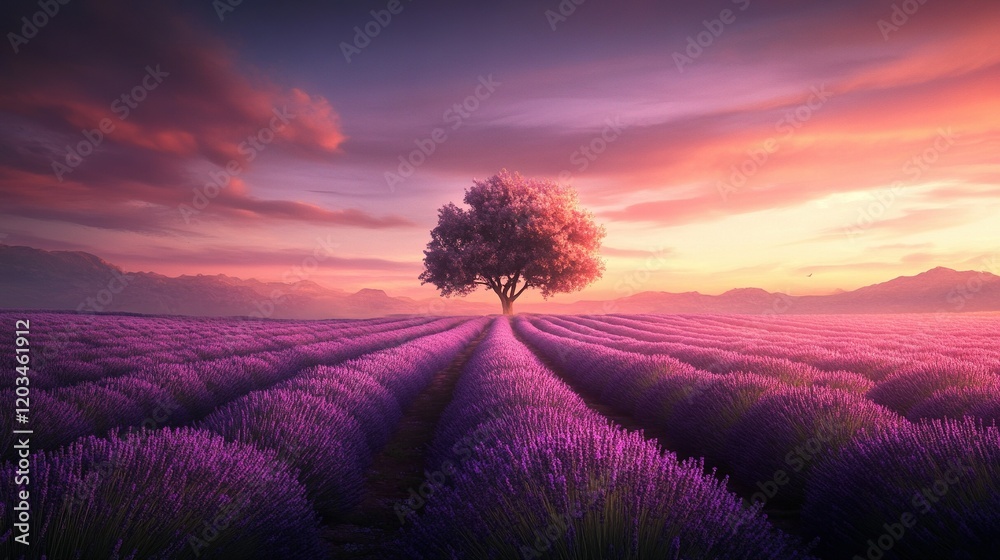 Fototapeta premium Lavender Horizon at Dusk, expansive lavender fields bathed in soft twilight hues, creating a serene and tranquil landscape.