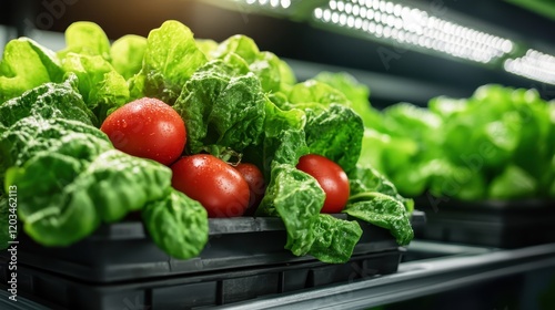 This image depicts ripe, fresh tomatoes nestled among bright green lettuce in hydroponic containers, highlighting the synergy between these two nutritious plants. photo