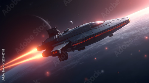 Wallpaper Mural Spaceship in space, with glow and lights, fantastic image, beautiful planets, planet Earth, planet Sun. Deep space, solar system. Torontodigital.ca