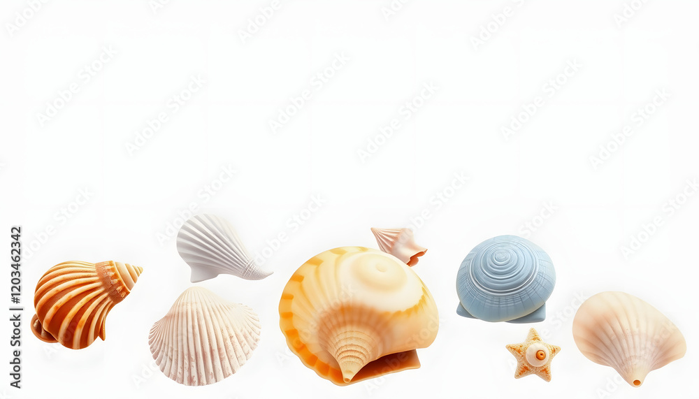 Set of Seashells on isolated white background, watercolor illustration, sea clipart, angled photoshot Set of Seashells on isolated white background, watercolor illustration, sea clipart, angled photoshot