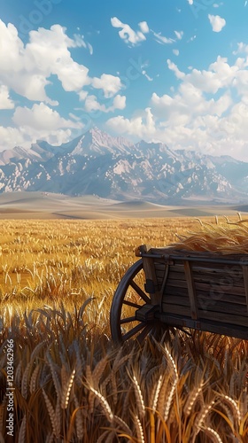 Rustic Wagon Filled with Freshly Harvested Wheat in Vibrant Wheat Field with Mountains