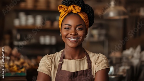 A joyful woman in a brown apron stands confidently in a charming café, showcasing her radiant smile and inviting atmosphere that embodies warmth and friendliness.