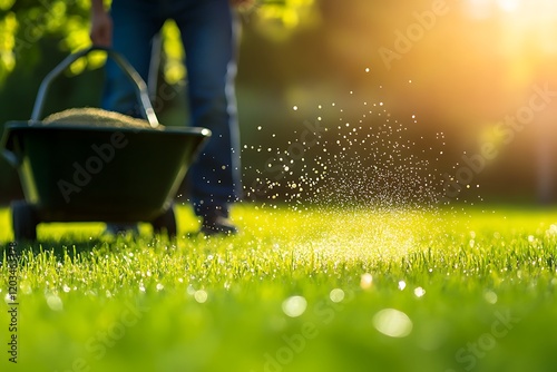 Gardener Applying Fertilizer to Lawn in Sunny Backyard.