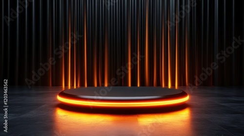 A minimalist circular platform featuring neon orange lighting, creating a striking visual contrast against a dark background that emphasizes its modern design. photo