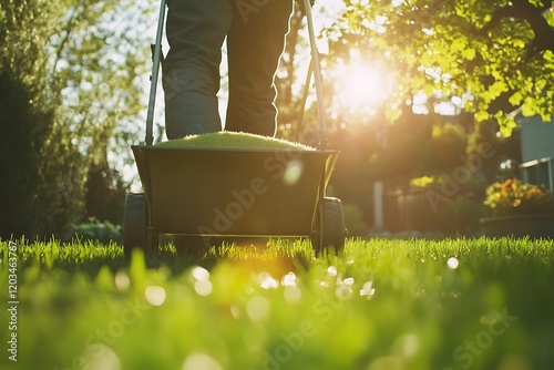 Gardener Applying Fertilizer to Lawn in Sunny Backyard.