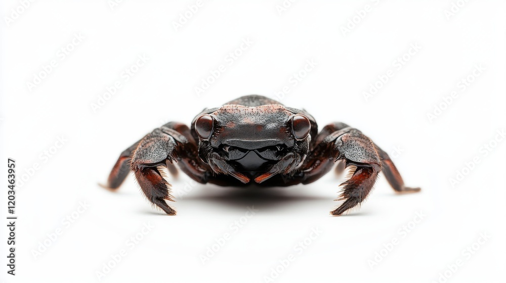 Close Encounter: A detailed macro photograph reveals the intricate details of a small, dark-colored crab spider, its eight legs splayed out, eyes fixed directly on the viewer. Close Encounter: A detailed macro photograph reveals the intricate details of a small, dark-colored crab spider, its eight legs splayed out, eyes fixed directly on the viewer.