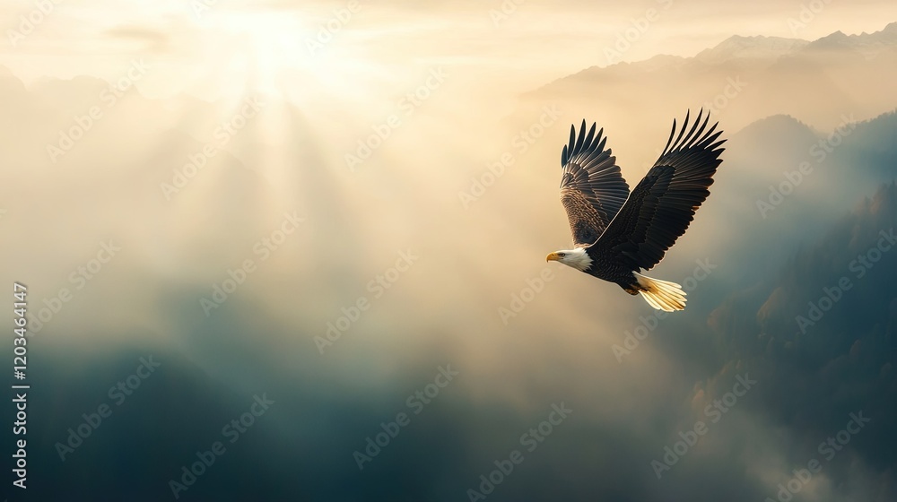 Obraz premium Eagle in Flight Above Rugged Mountains Under Dramatic Sunlight, Evoking a Sense of Freedom and Nature's Grandeur