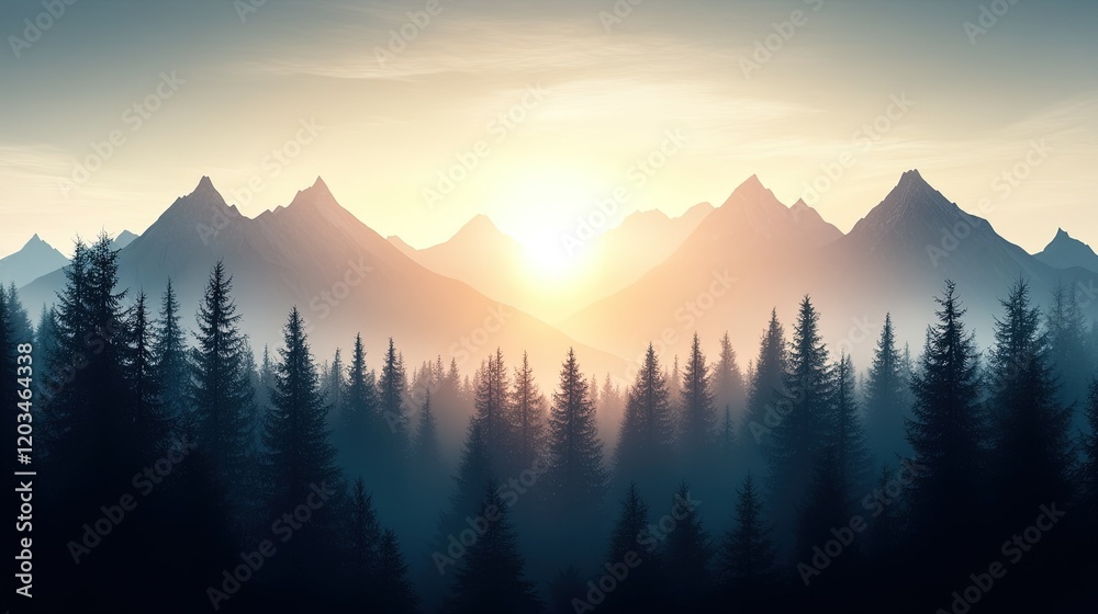 Fototapeta premium Majestic mountain range with dense pine forest illuminated by soft sunlight, serene landscape inviting exploration and adventure