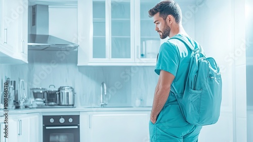 Nurse Preparing for Work in Contemporary Kitchen, Focused and Organized, Emphasizing Healthcare Commitment and Daily Routine photo