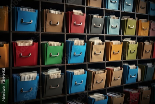 Archive room with many colorful hanging file folders neatly organized on shelves, storing important documents photo