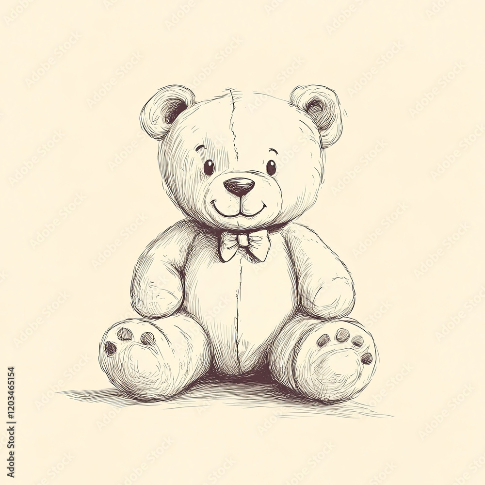 Fototapeta premium A whimsical line art doodle of a teddy bear, drawn in a playful and vintage-inspired style, sits against a soft tan background. The charming illustration brings warmth to children's themes.