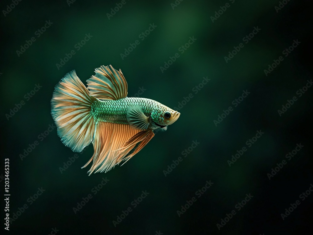 Fototapeta premium Captivating Male Betta Fish Displaying Intricate Fins in a Thai-Inspired Background Underwater Scene Macro Photography