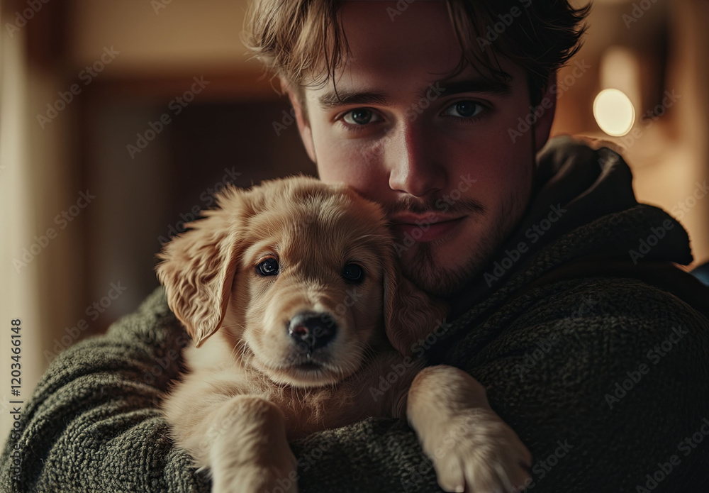 A close-up of a man holding a golden retriever puppy, radiating warmth and affection. The natural colors and soft lighting enhance this tender moment. A close-up of a man holding a golden retriever puppy, radiating warmth and affection. The natural colors and soft lighting enhance this tender moment.