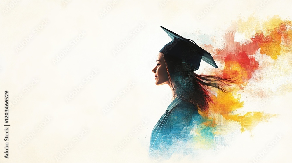 Graduate Silhouette Embraced by Vibrant Abstract Patterns Celebrating Creativity and Individuality in Mixed-Media Art