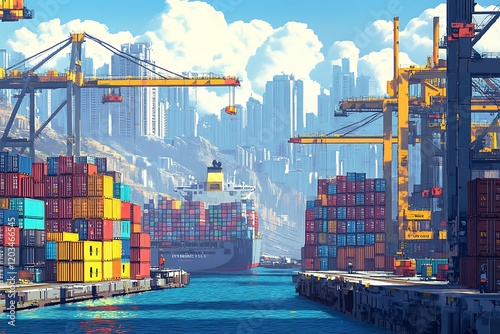 Colorful Cargo Ships and Containers in a Busy Port