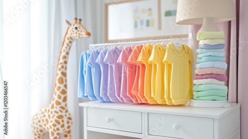 Pastel Rainbow Baby Clothes on Nursery Dresser
