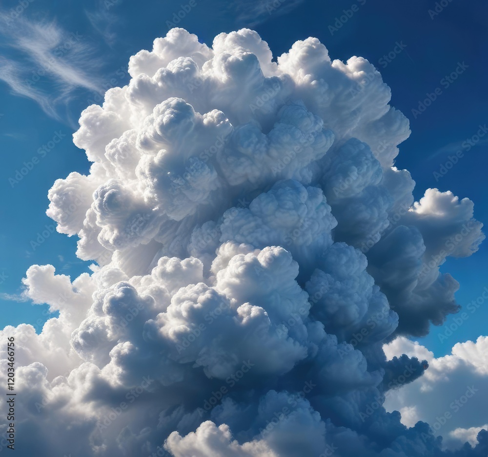 Naklejka premium A majestic cumulus cloud dominates the sky with its towering shape and flat base, against a brilliant blue backdrop , sky, massive, cloud