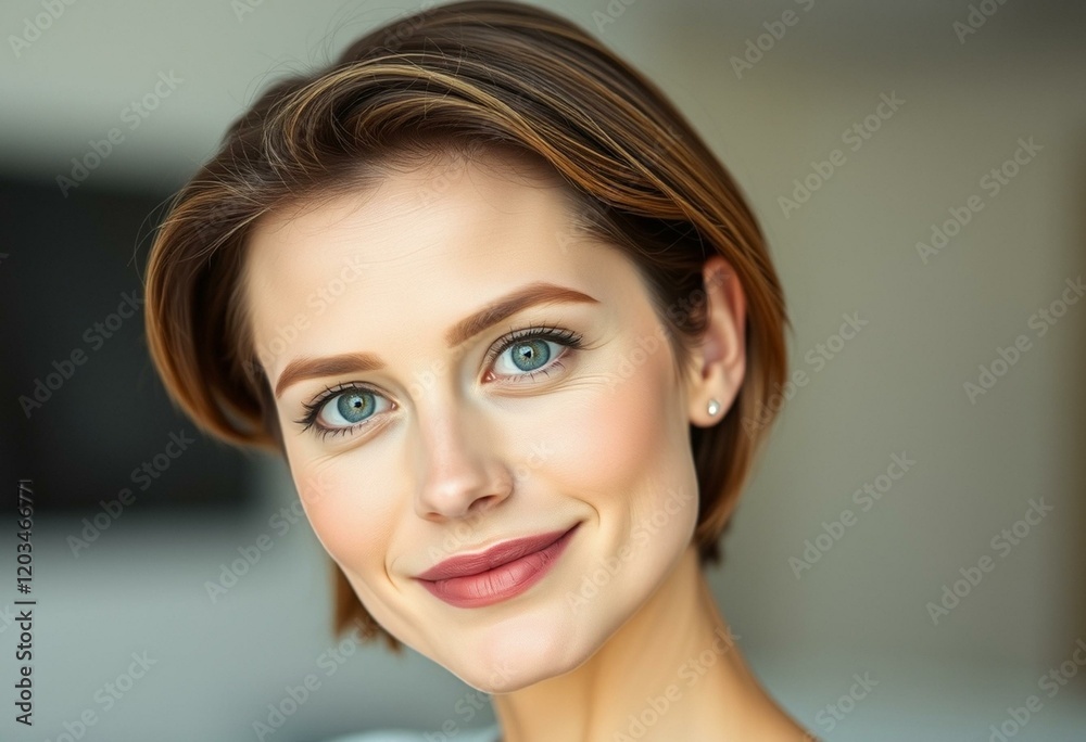 Fototapeta premium Portrait of a woman with short hair, smiling subtly, calm and confident