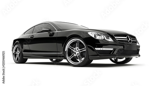 Luxury Black Car Close-Up with Shiny Chrome Wheel on White Background