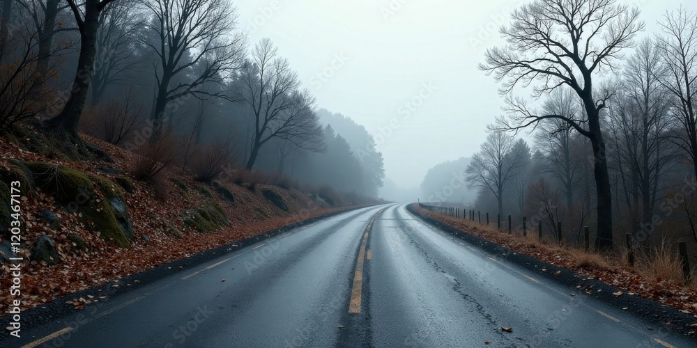 Fototapeta premium Misty Road Through Autumnal Woods on a Gloomy Day