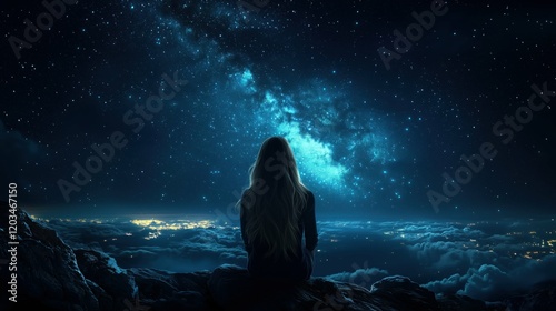 A serene night scene with a girl gazing at a starry sky.