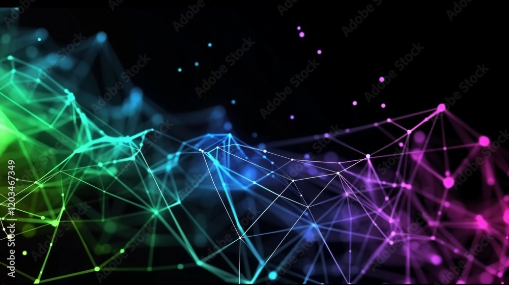 Obraz premium An abstract background featuring vibrant polygonal shapes and lines set against a black backdrop. This digital technology concept illustrates global network connections and data transfer in cyberspace