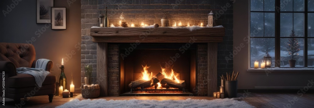 A crackling fireplace on a cold winter night with snow falling outside, fireplace, crackling flames A crackling fireplace on a cold winter night with snow falling outside, fireplace, crackling flames