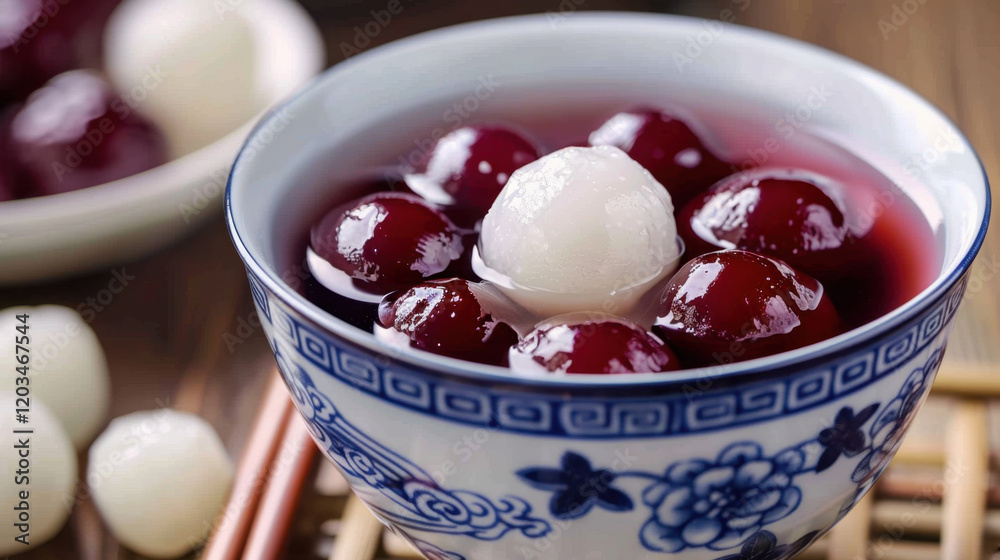 Delicious dessert bowl with glutinous rice balls in sweet red syrup, garnished with single white ball. traditional treat enjoyed in various cultures Delicious dessert bowl with glutinous rice balls in sweet red syrup, garnished with single white ball. traditional treat enjoyed in various cultures