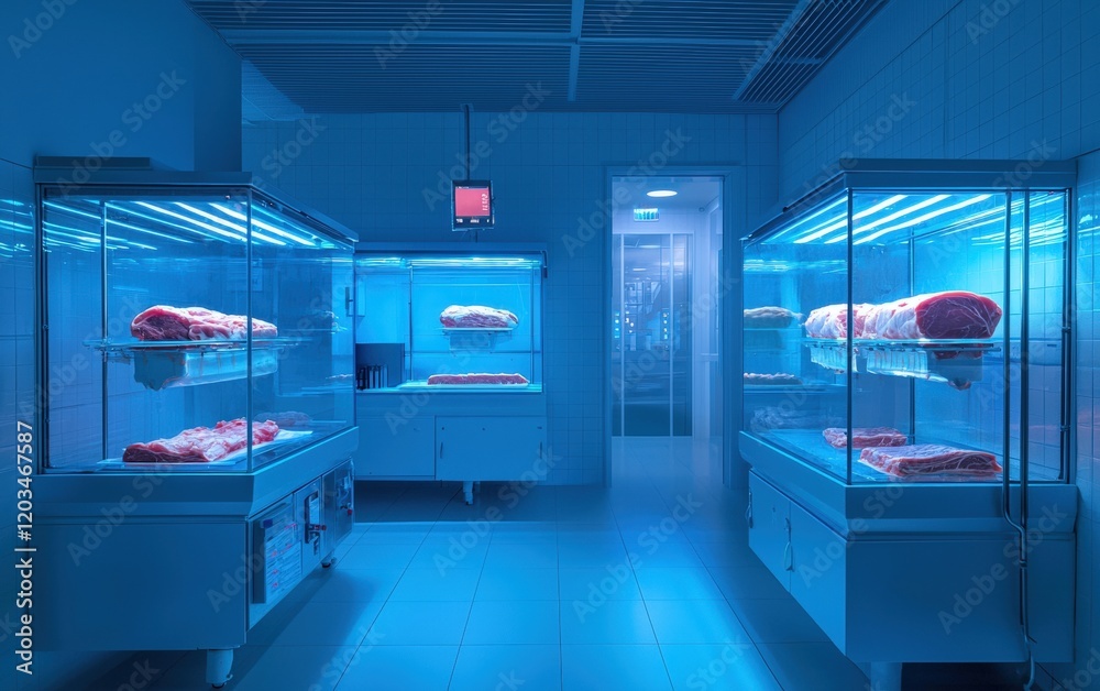 A modern food lab showcasing artificial meat cuts growing in bioreactors, illuminated by sterile white and blue lighting A modern food lab showcasing artificial meat cuts growing in bioreactors, illuminated by sterile white and blue lighting