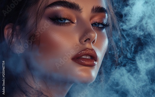 A luxurious close-up of a woman with sculpted brows and soft smoky eyes, glowing against a misty fog-textured backdrop