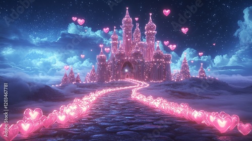 A path of glowing crystal hearts leading to a whimsical candy castle