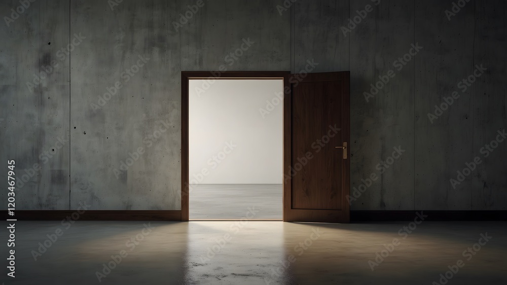 Minimalist design with a single open doorway in an empty space, symbolizing opportunity, freedom, and endless possibilities. Minimalist design with a single open doorway in an empty space, symbolizing opportunity, freedom, and endless possibilities.