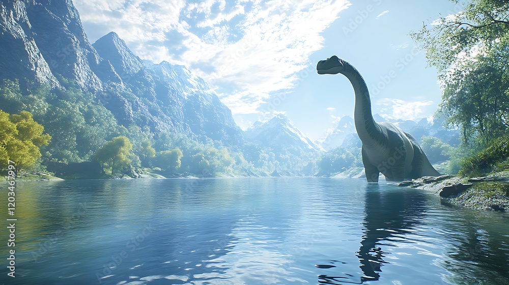 A long necked dinosaur stands in a mountain lake A long necked dinosaur stands in a mountain lake