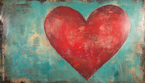 A bold red heart is painted on an aged teal background, its textured surface symbolizing deep love and passion. The expressive strokes evoke raw emotion and romance. photo