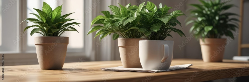 A coffee cup placed next to a potted plant on a wooden desk, greenery, coffee cup, nature A coffee cup placed next to a potted plant on a wooden desk, greenery, coffee cup, nature