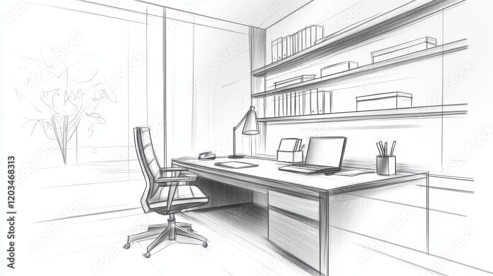Black and white office sketch drawing