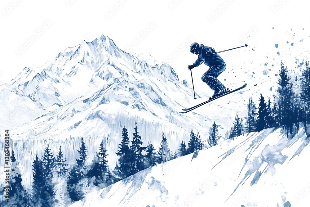 Skier Carving Down Snowy Mountain Slope Skier Carving Down Snowy Mountain Slope