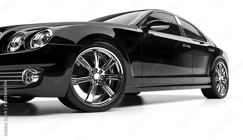Luxury Black Car Close-Up with Shiny Chrome Wheel on White Background Luxury Black Car Close-Up with Shiny Chrome Wheel on White Background