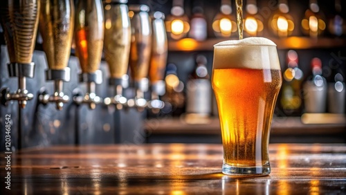 A close-up shot of a craft beer being poured into a pint glass, bar, fermentation, flowing liquid, yeast photo