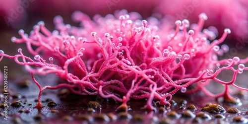 A close-up of a pink slime mold growing on a damp surface, its tendrils curling and uncurling in every direction, fungal growth, earthy photo