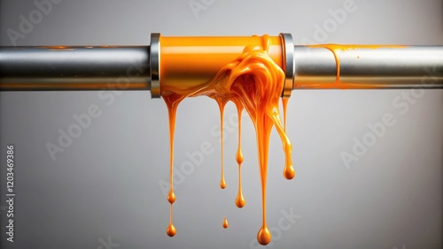 A bright orange glob of goo slowly drips from the end of a long metal pipe hanging suspended in mid air above a stark white backdrop, liquid, suspension, metal, goo photo