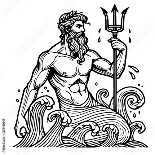 Poseidon, God of the Sea: A powerful and evocative illustration depicting Poseidon, the Greek god of the sea, holding his trident, surrounded by turbulent waves. photo