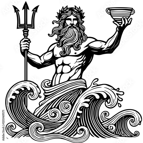 Poseidon, God of the Sea: A bold and dramatic illustration of Poseidon, the Greek god of the sea, holding his trident and chalice, surrounded by swirling waves.