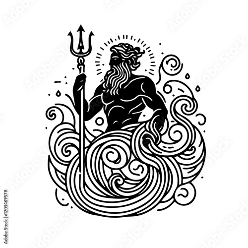 Poseidon, God of the Sea: A striking line art illustration depicts Poseidon, the Greek god of the sea, standing majestically amidst swirling waves, his trident held high, embodying power and control.