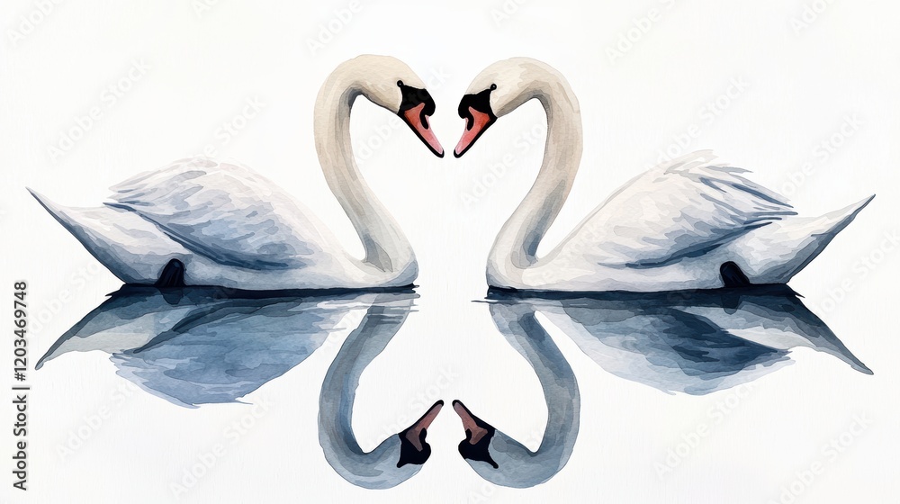 Obraz premium Two elegant swans gracefully mirror each other, forming a heart shape with their necks against a serene water backdrop.