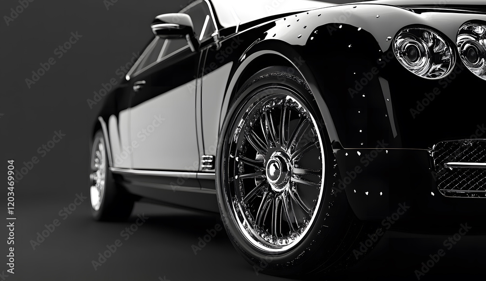 Luxury Black Car Close-Up with Shiny Chrome Wheel on White Background Luxury Black Car Close-Up with Shiny Chrome Wheel on White Background