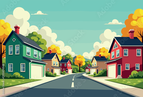Colorful Suburban Neighborhood with Bright Houses and Trees