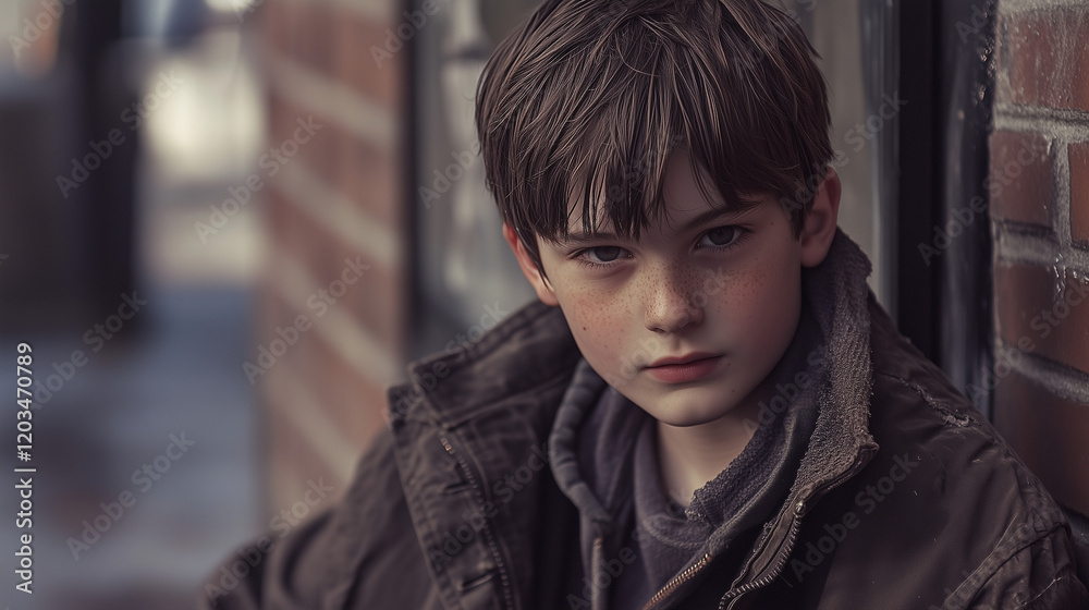 Portrait of a boy with a serious expression, dressed in a warm jacket, against a brick wall background Portrait of a boy with a serious expression, dressed in a warm jacket, against a brick wall background