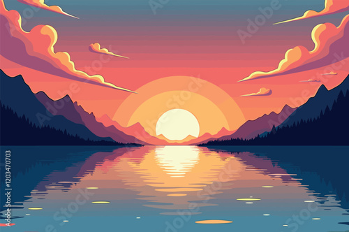 Serene Sunset Over Mountain Lake Reflection