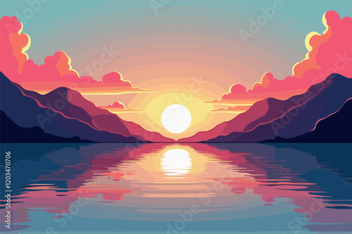 Serene Sunset Over Mountain Lake Reflection